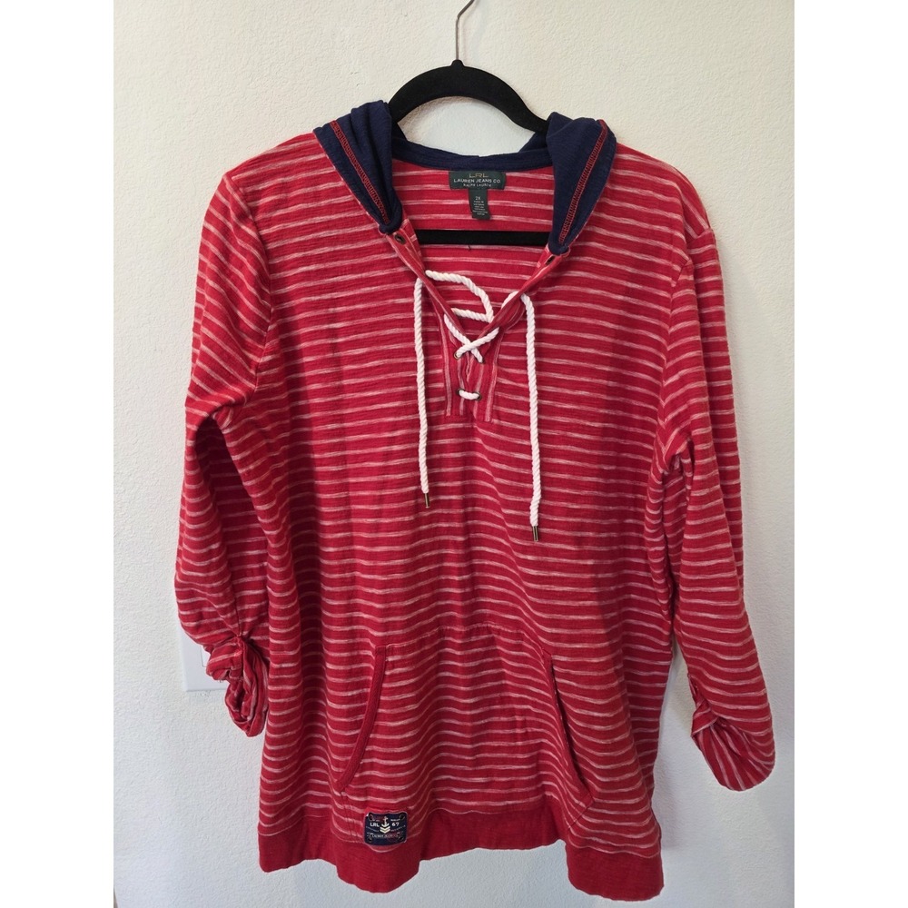 Lauren Ralph Lauren Sz XXL Cotton Nautical Hoodie Rope Tie Hamptons Casual RARE! - Picture 2 of 6